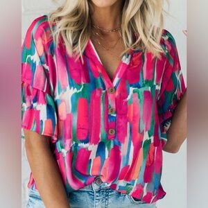 Rose Abstract Brushwork Print Buttoned vneck blouse